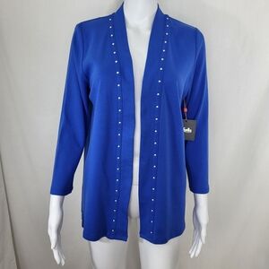 Rafaella Bright Blue OPEN CARDIGAN Womens Size M Studded Cotton 3/4 Sleeve NWT